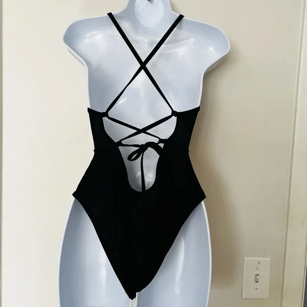 Yang Zi Gang Black Fiesta Mexican Embroidered One Piece Swimsuit Large High - Picture 2 of 9